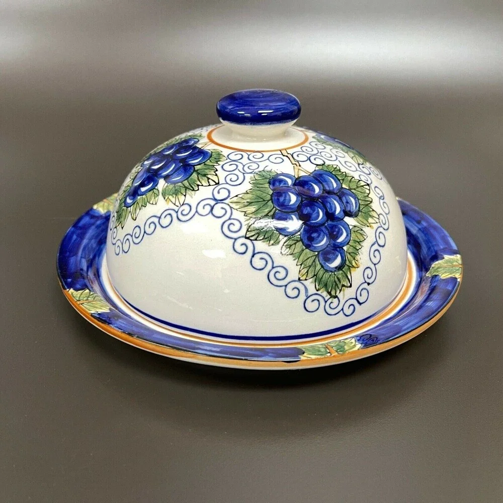 Sap Trading Inc.‎ Cheese Dome Covered Plate Dish Grapes White Blue Green Ceramic